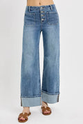 RISEN High Rise Ankle Wide Button Patch Pocket Cuffed Jeans