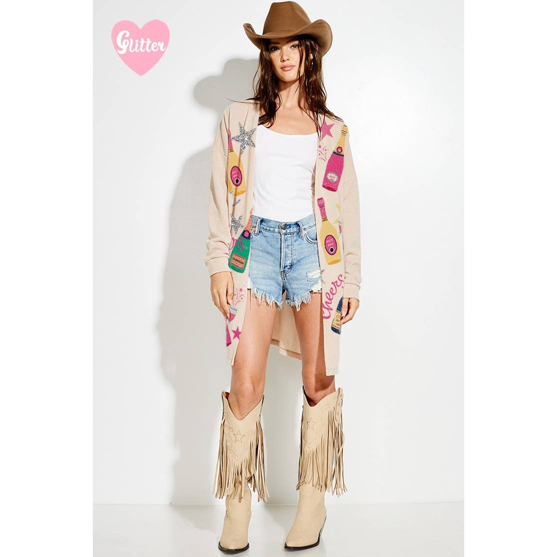Holiday Cheers Glitter print Knit Cardigan