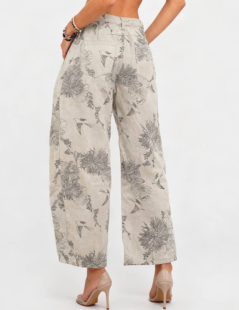Floral Print Barrel Denim Pants