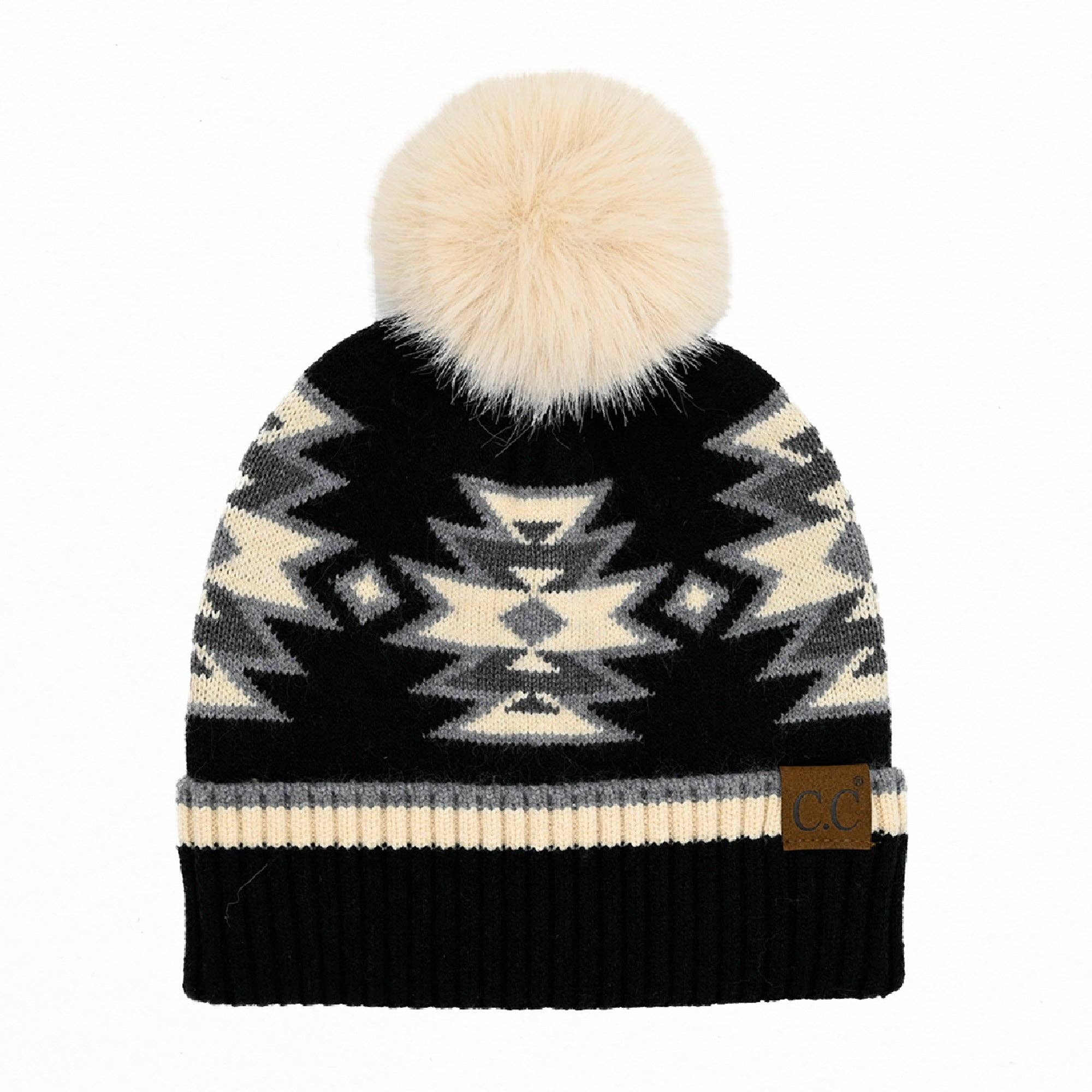 CC South Western Pattern Faux Fur Pom Beanie
