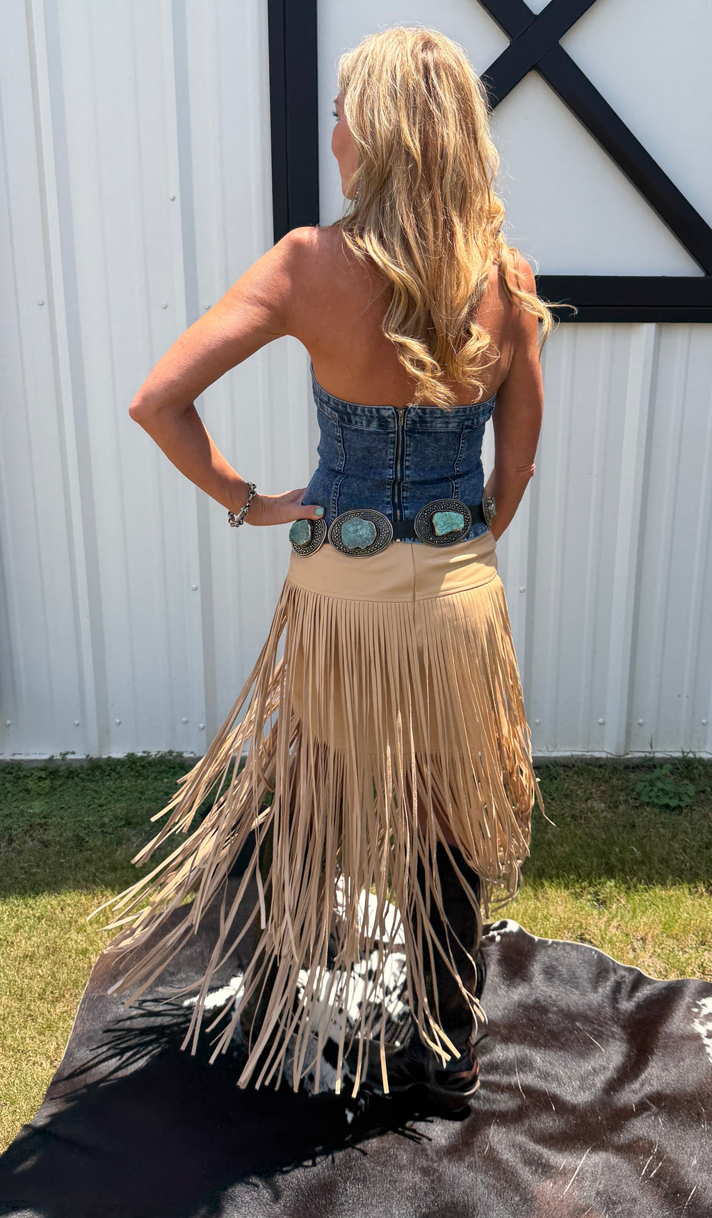 Faux Leather Tiered Fringe Maxi Skirt