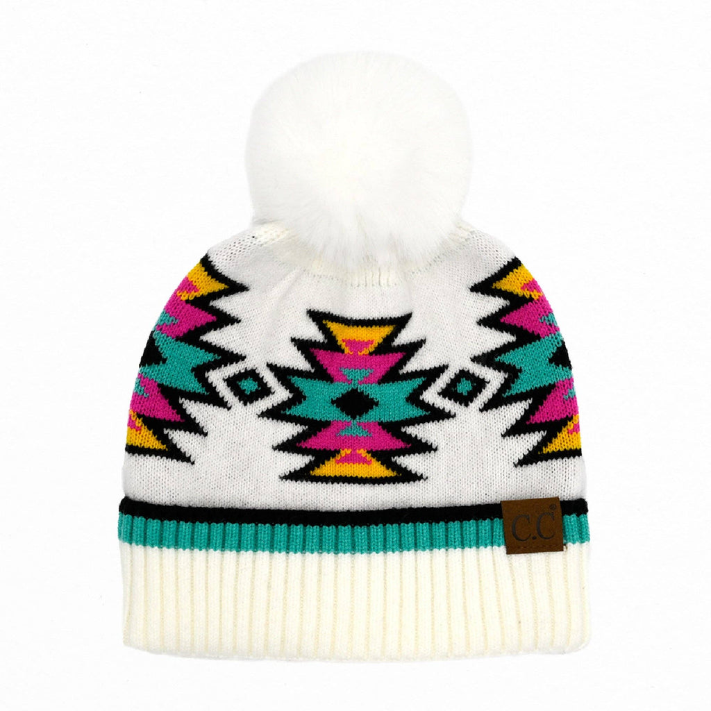 CC South Western Pattern Faux Fur Pom Beanie