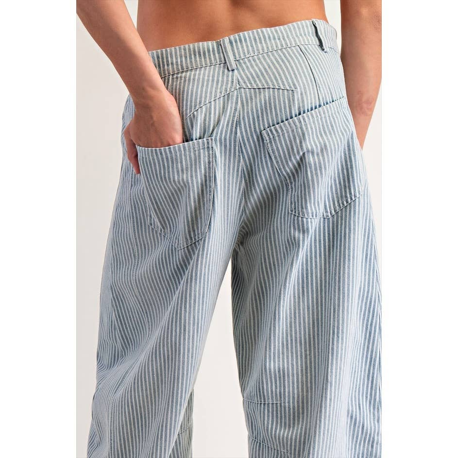Mineral Washed Pinstriped Barrel Jeans