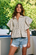Ruffle Sleeves Pintuck Floral Top