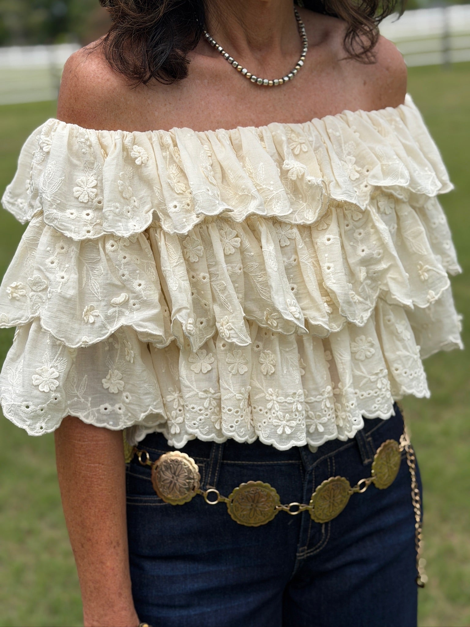 Tiered Off Shoulder Lace Top – Ember Canyon