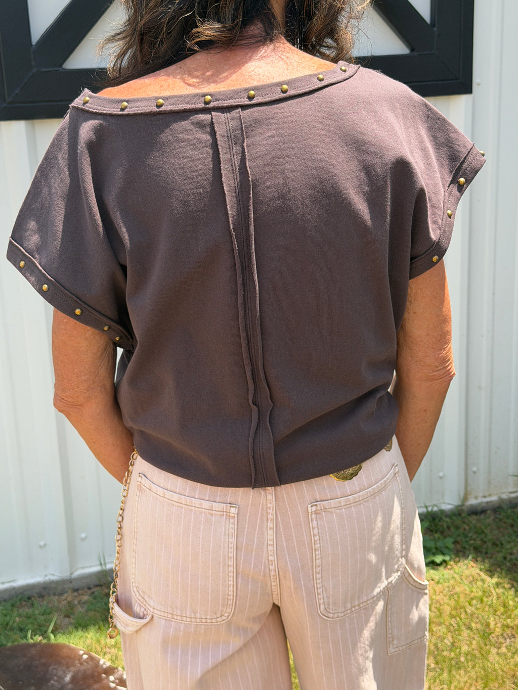 Boat Neck Top with Bead Stud Detail