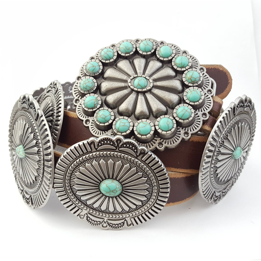 Genuine Distressed Leather belt w. full-packed oval conchos