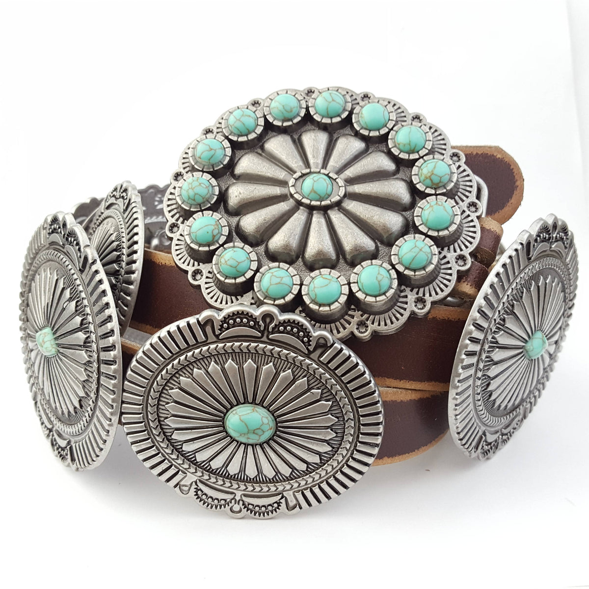 Genuine Distressed Leather belt w. full-packed oval conchos