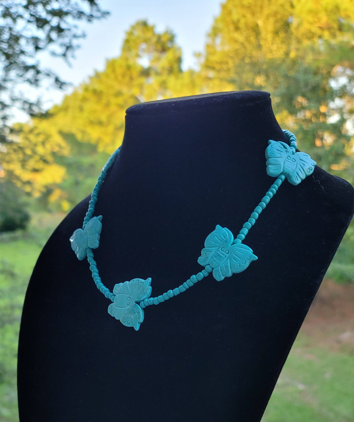 Handcarved Turquoise Howlite butterflies, glass beads