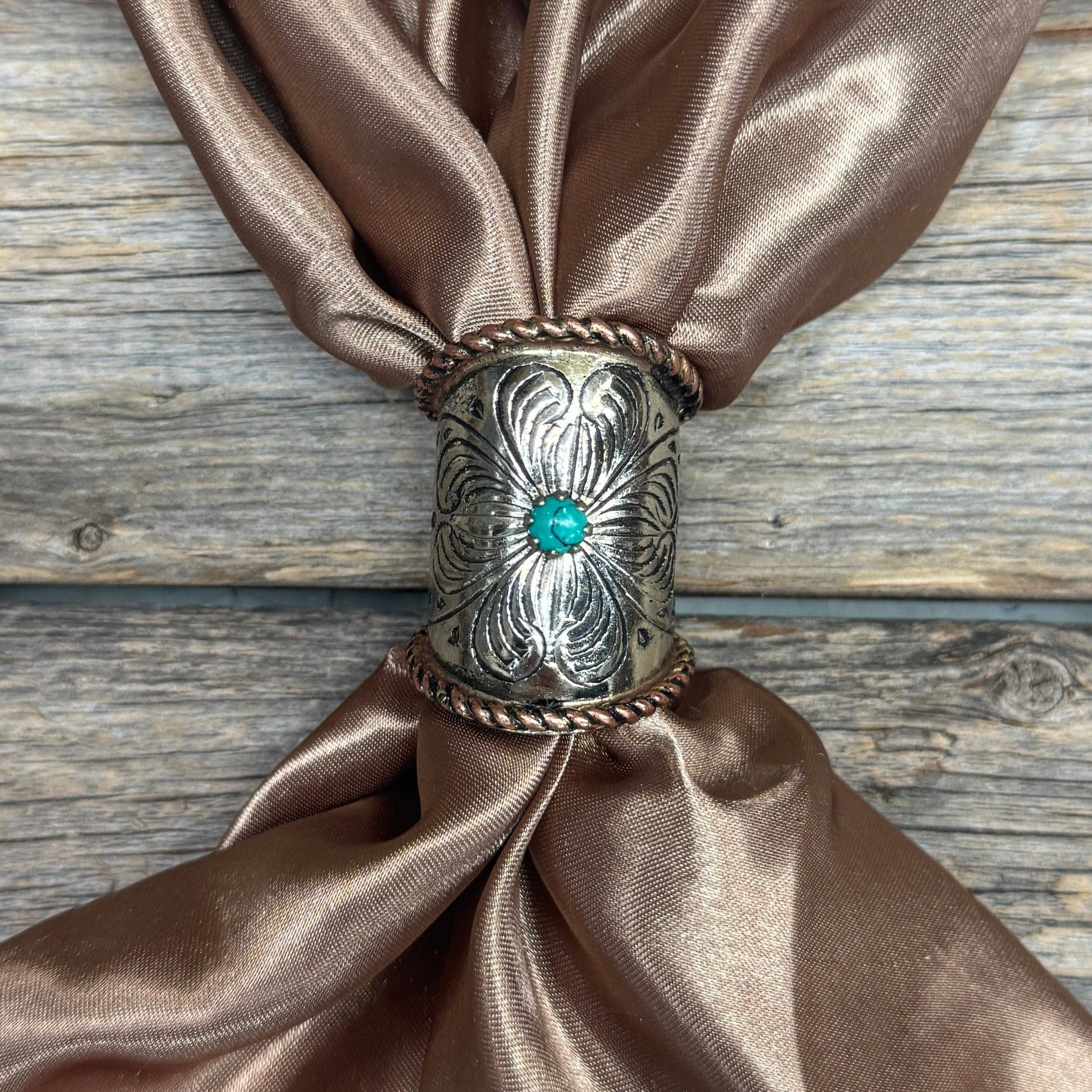 Silver Engraved Large Flower with Turquoise Wild Rag Slide