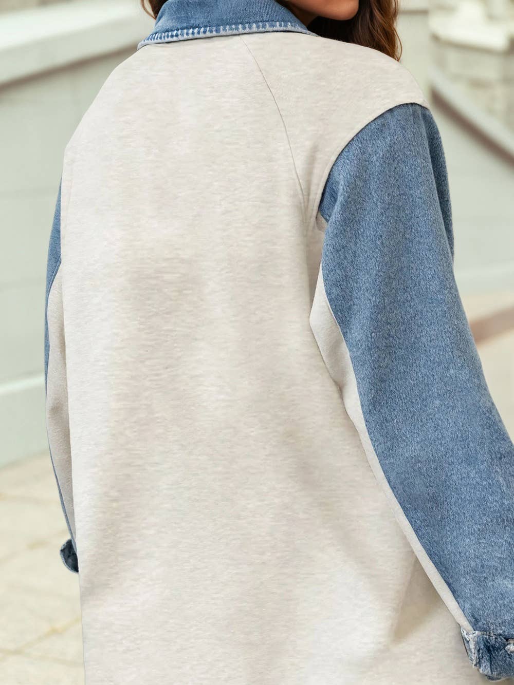 Denim Patchwork Buttoned Polo Collar Long Sleeve Top