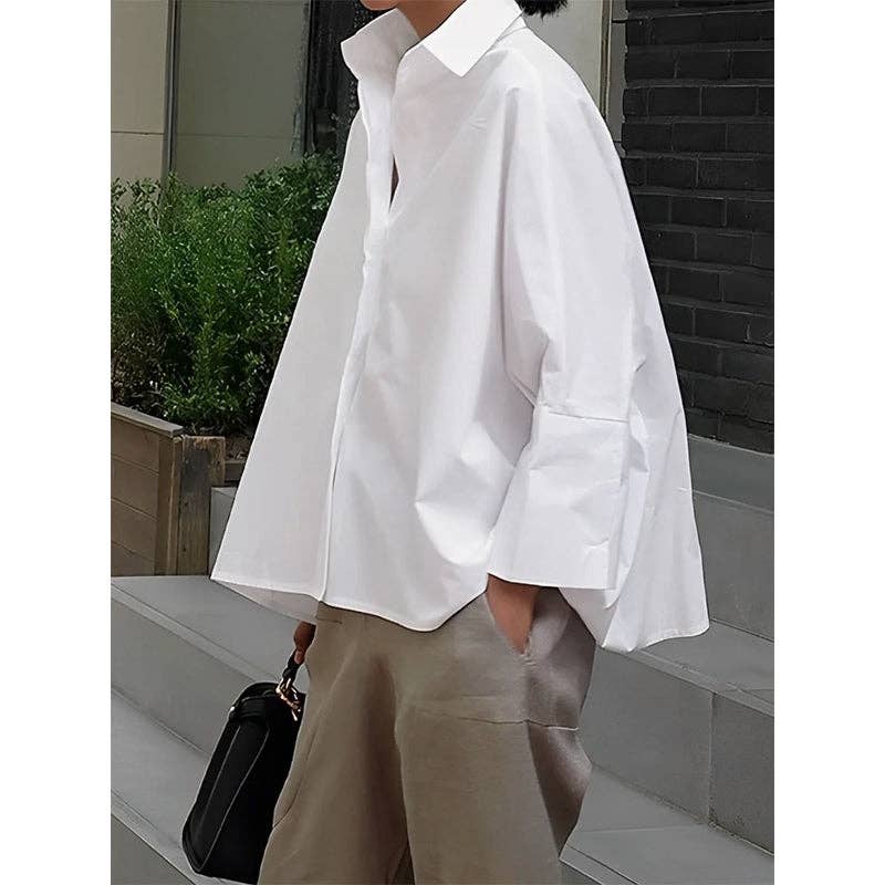 Long Sleeve Loose Solid Color Lapel Collar Blouse