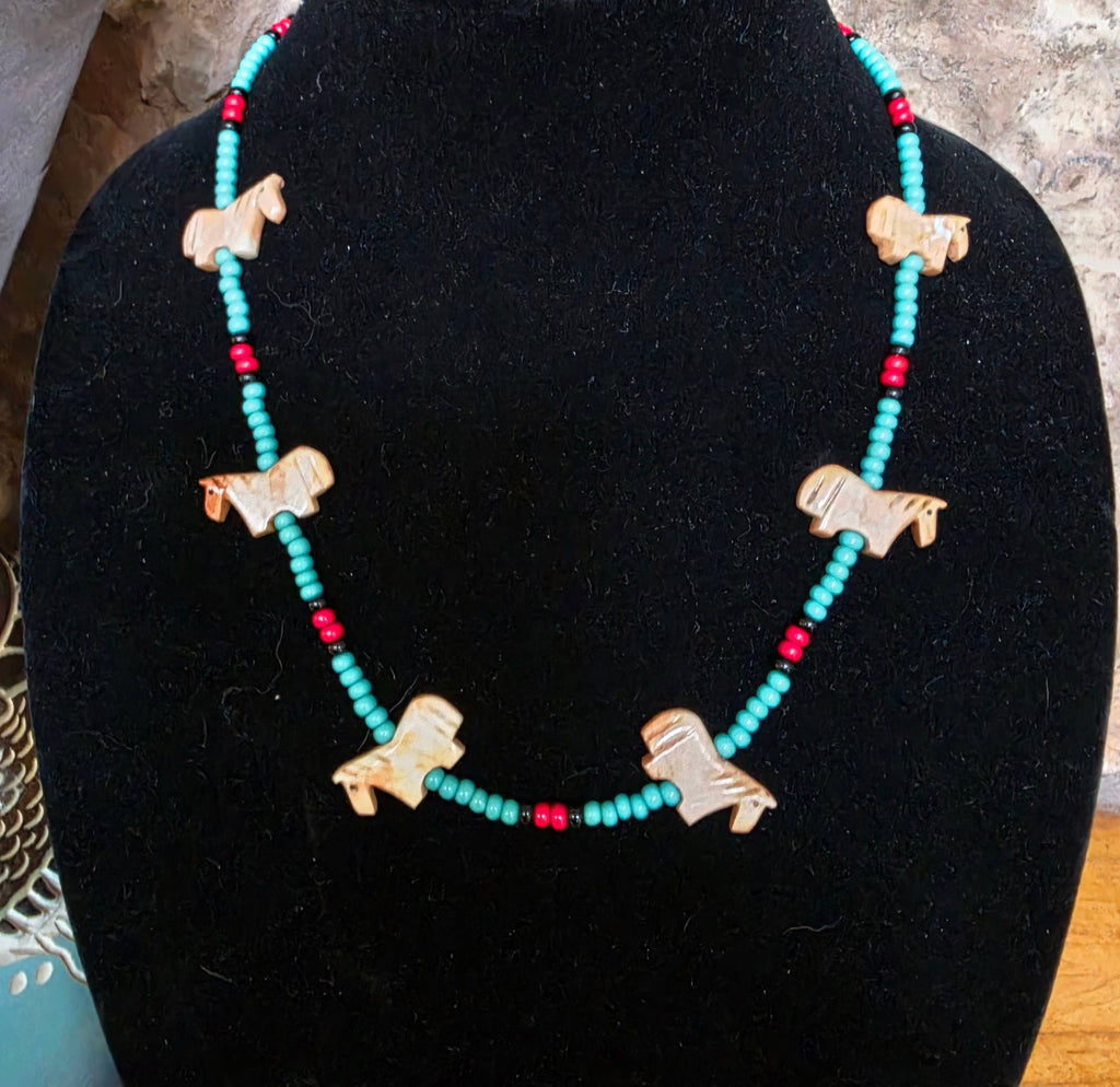 Zuni carved stone horse fetish necklace, Czech glass beads