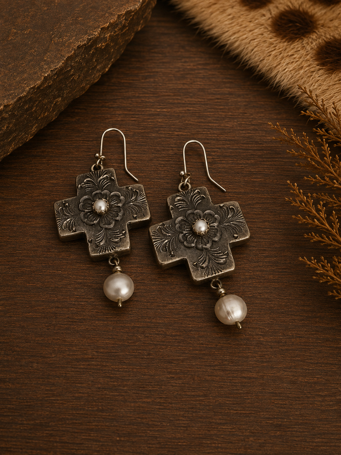 German Silver Cross w/Pearl Earrings