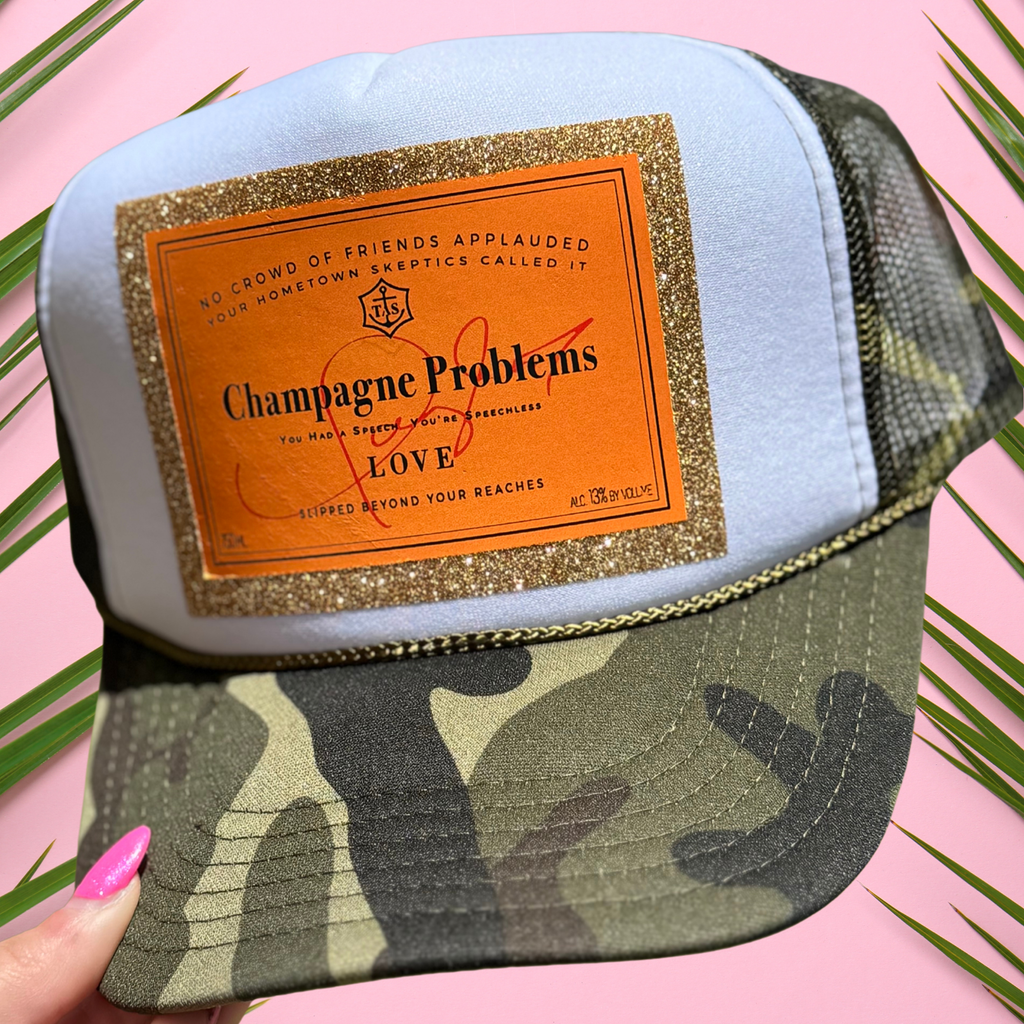 "Champagne Problems" Camo Glitter Trucker Hat 