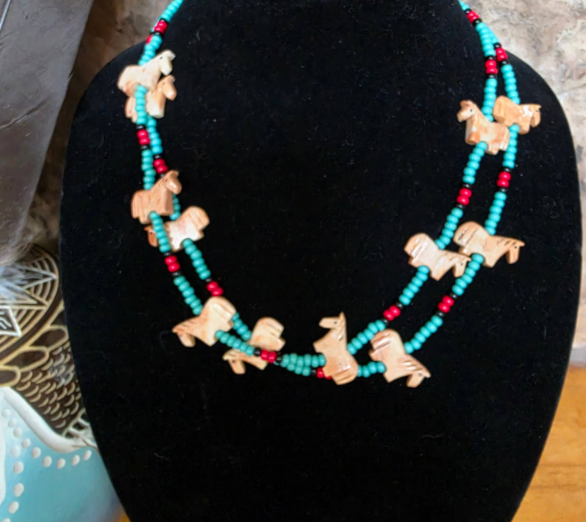 Zuni carved stone horse fetish necklace, Czech glass beads