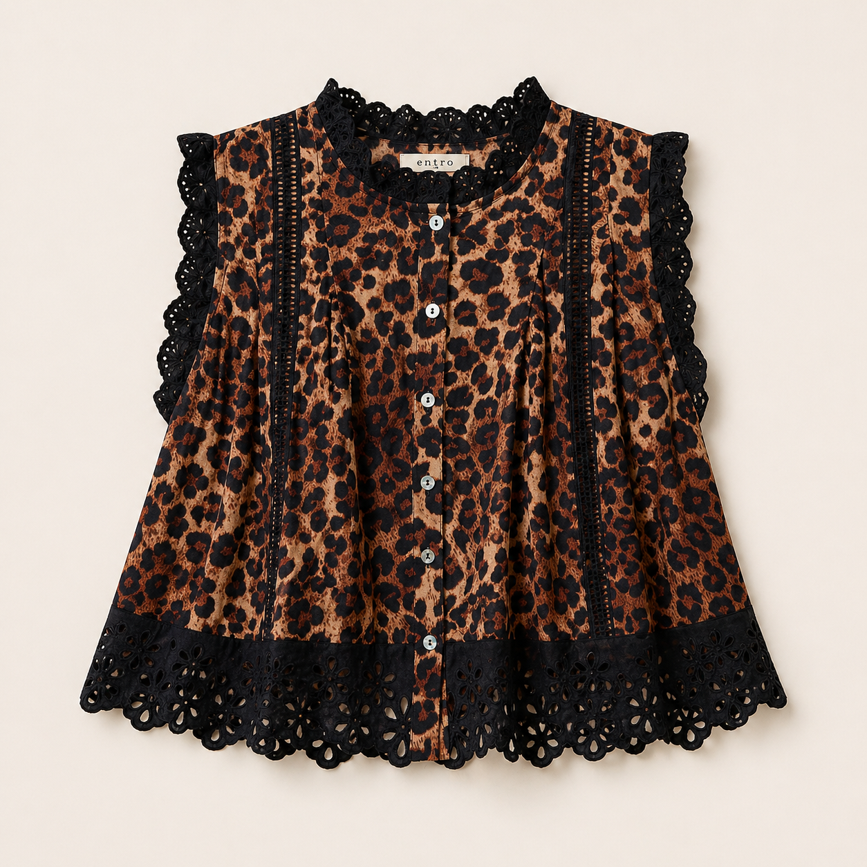 Leopard Button Up Pleated Sleeveless Blouse Top