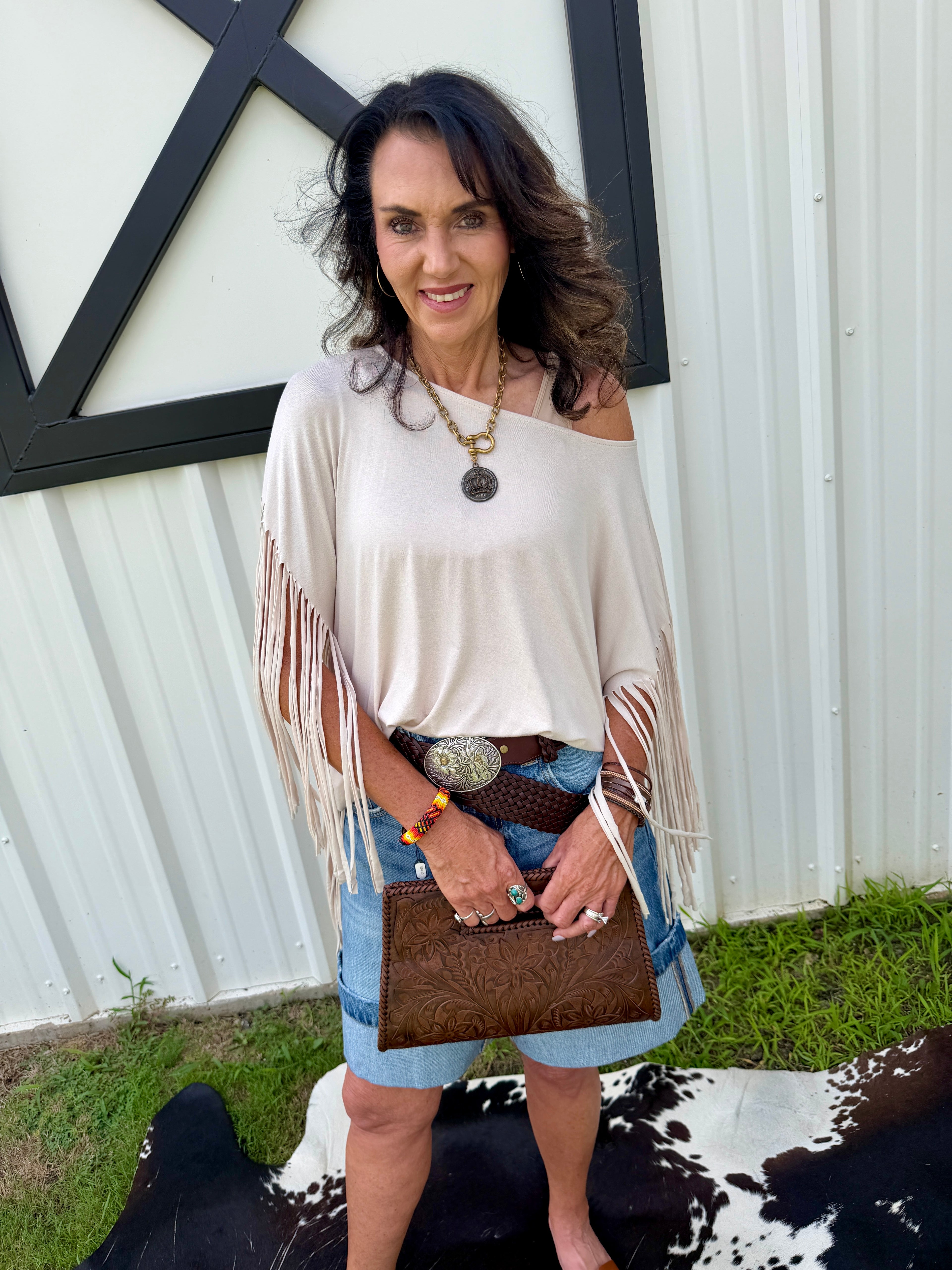 Western Showstopper Fringe Top - Oat
