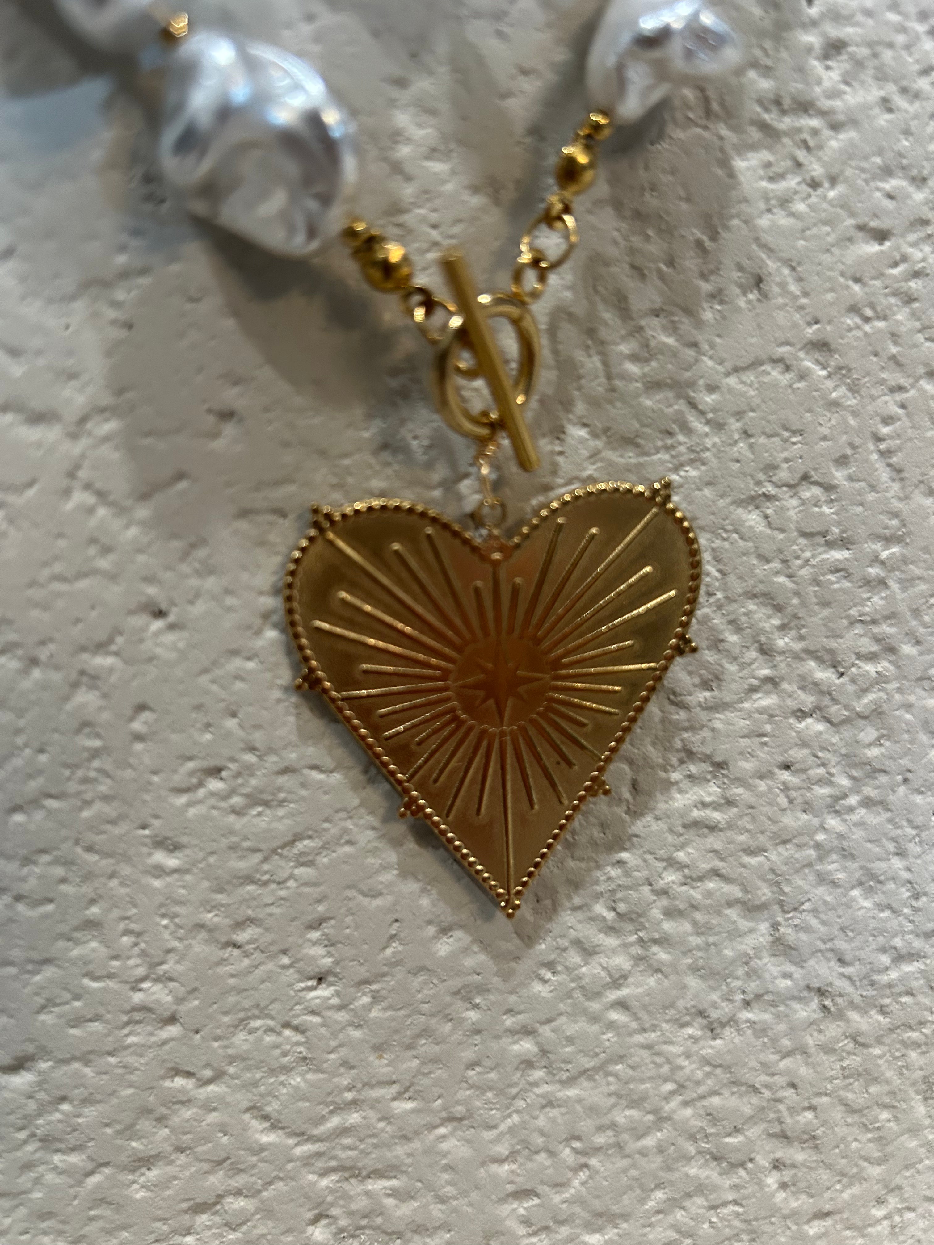 Pearl and Gold Heart Necklace