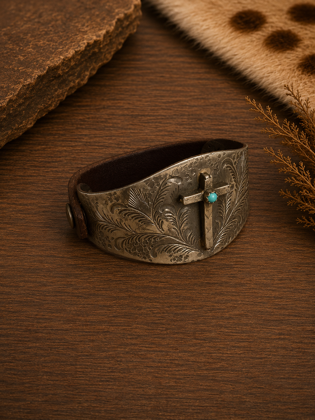 German Silver & Leather Cross Bracelet
