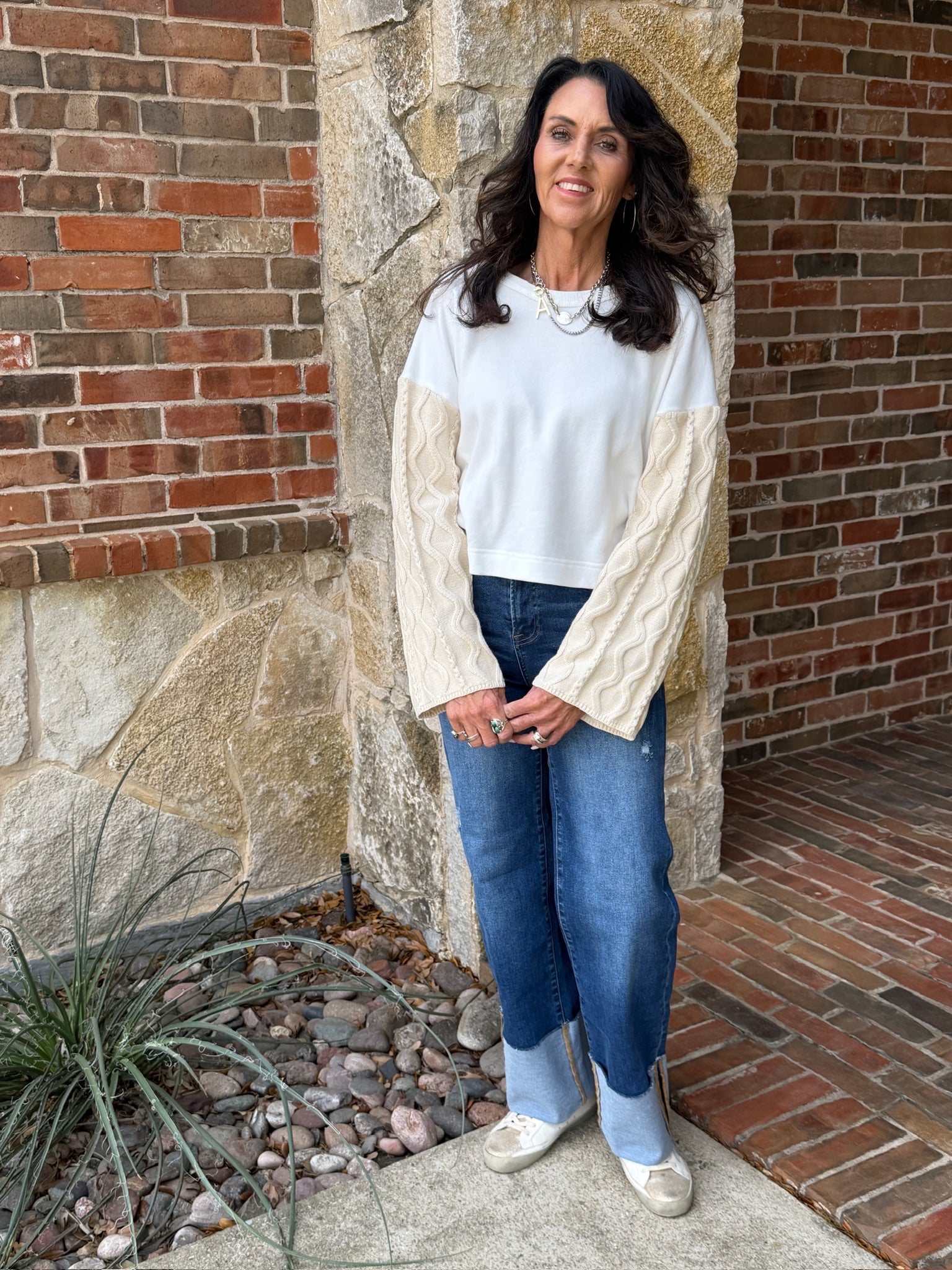 Cableknit Sleeve Pullover Sweatshirt