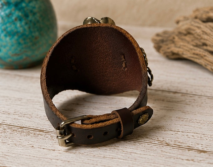 Turquoise and Red Rose Leather Cuff