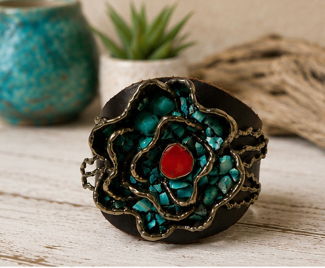 Turquoise and Red Rose Leather Cuff