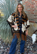 Brown Western Floral Stripe Fringe Ruana