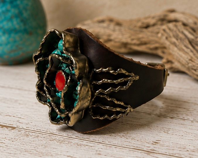 Turquoise and Red Rose Leather Cuff