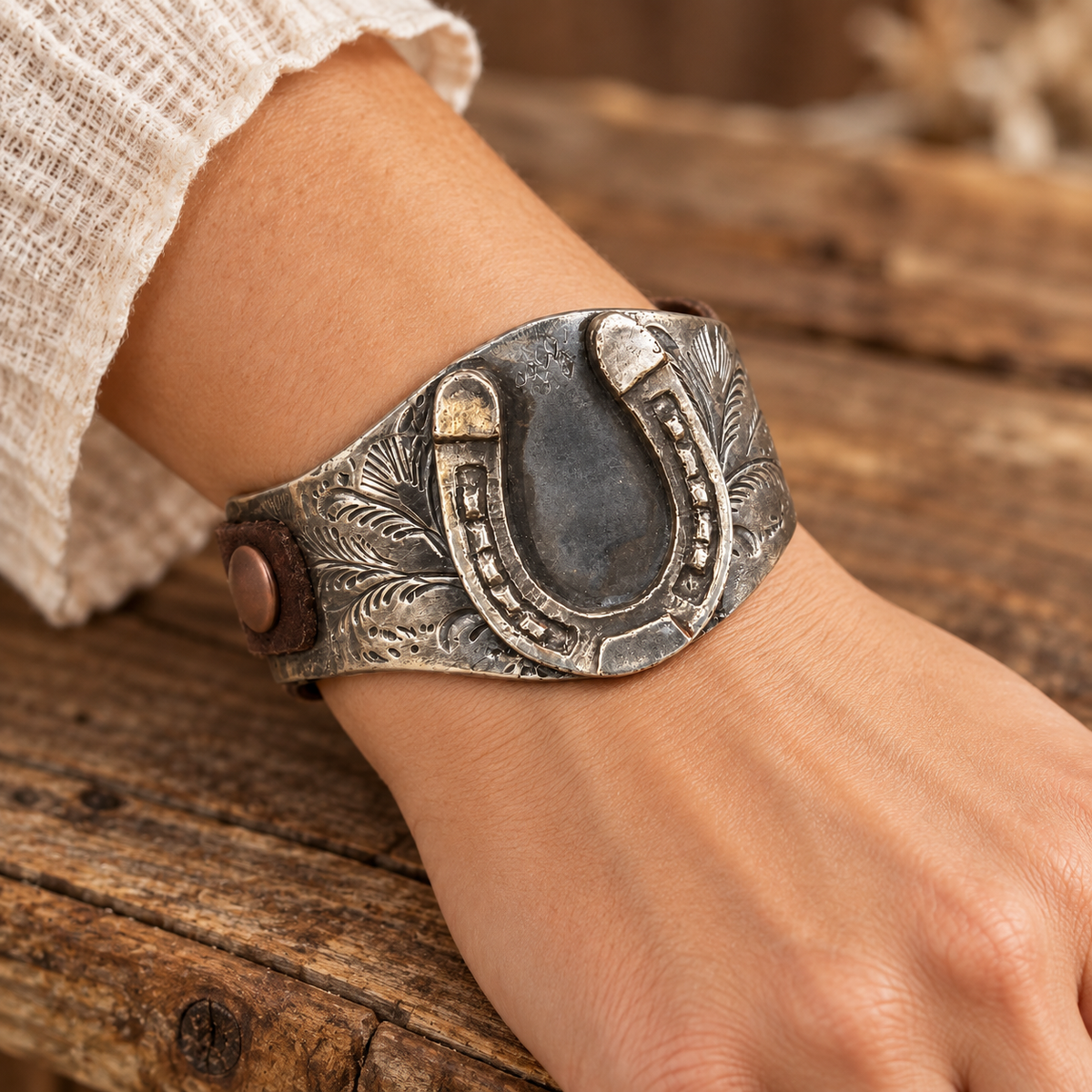 German Silver & Leather Horseshoe Bracelet