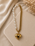 Pearl and Gold Puff Heart Necklace