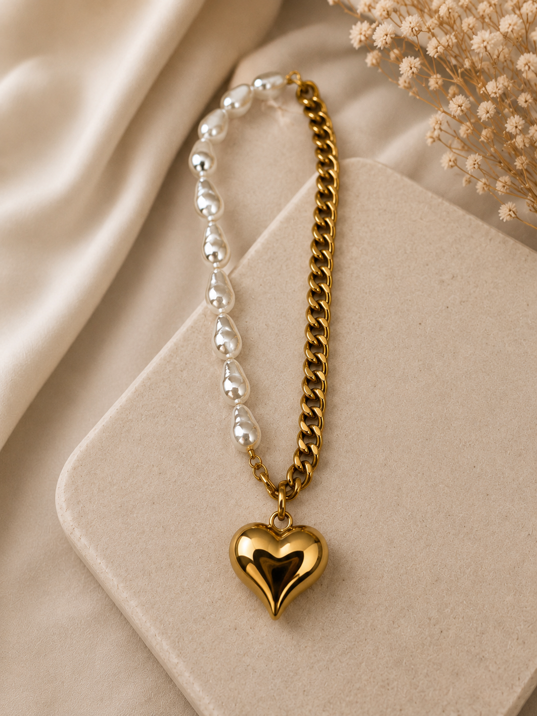 Pearl and Gold Puff Heart Necklace