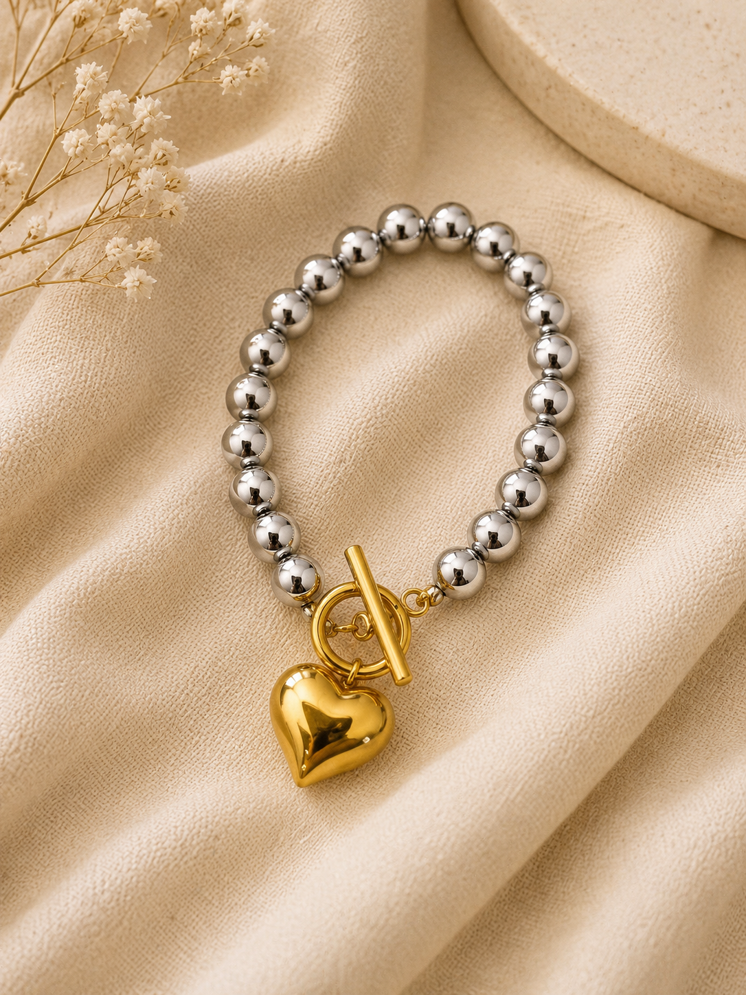 Silver Bead with Gold heart Bracelet