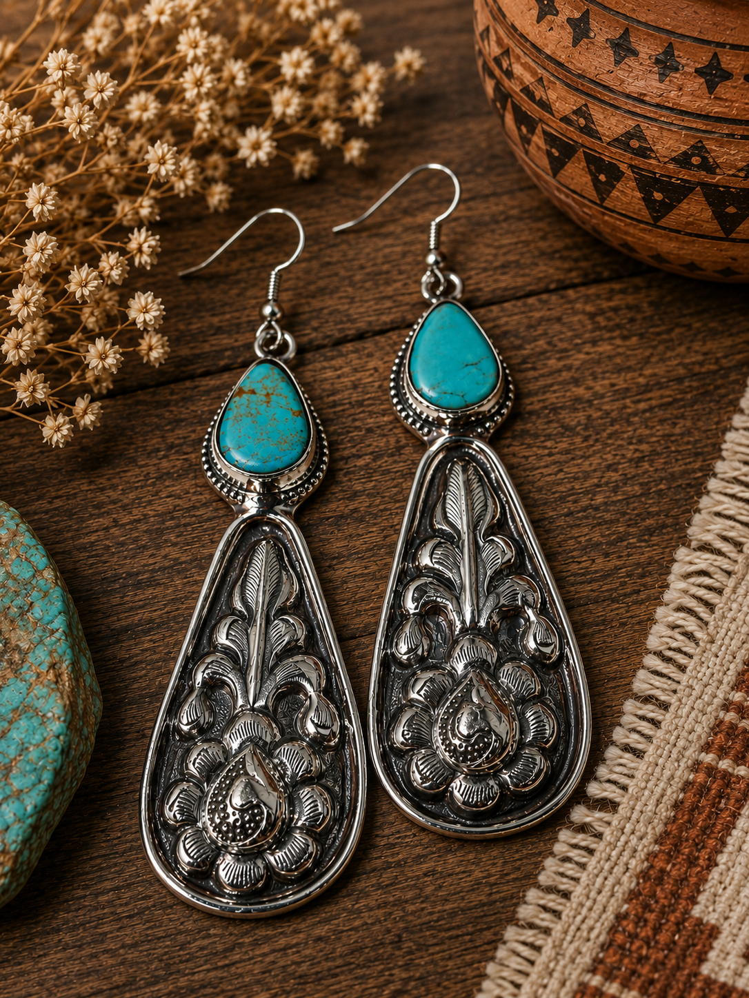 Teardrop Turquoise Stamped Earrings