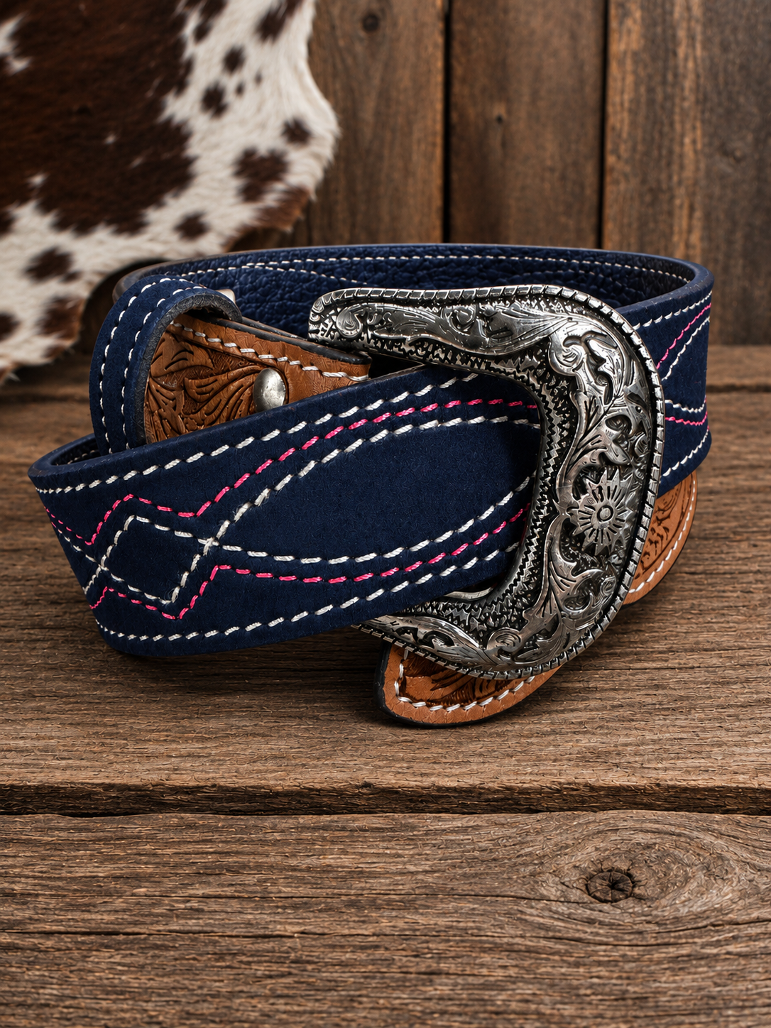 Tooled Suede Blue/Pink Belt