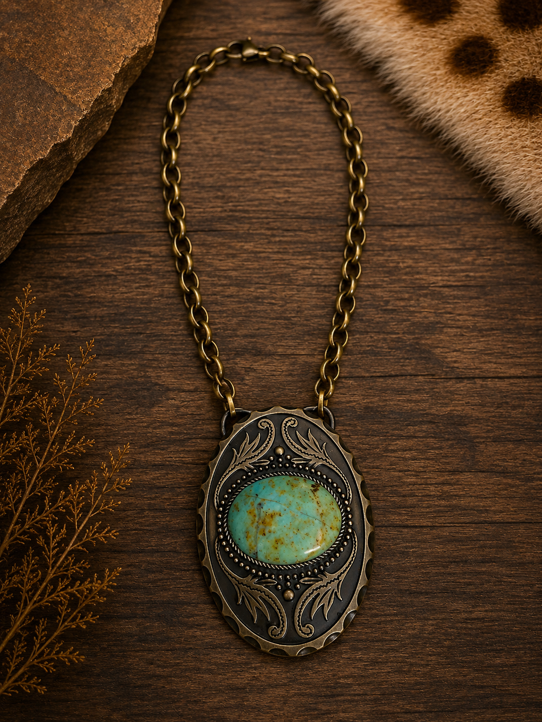 V2 Vintage Brass  with Turquoise Buckle Necklace