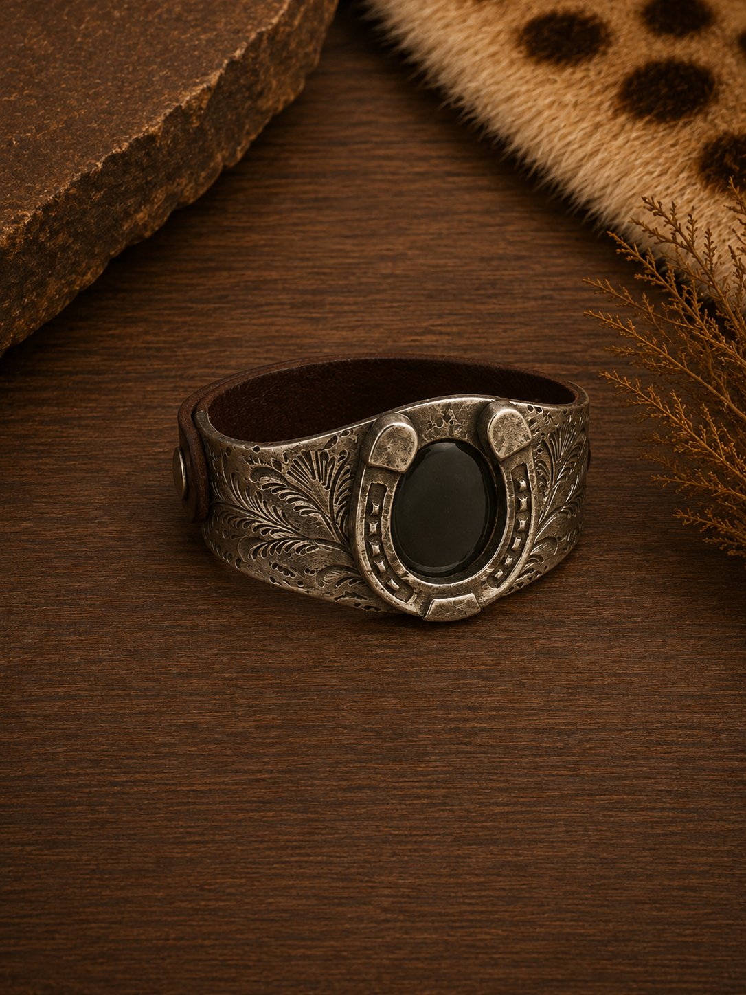 German Silver & Leather Horseshoe Bracelet