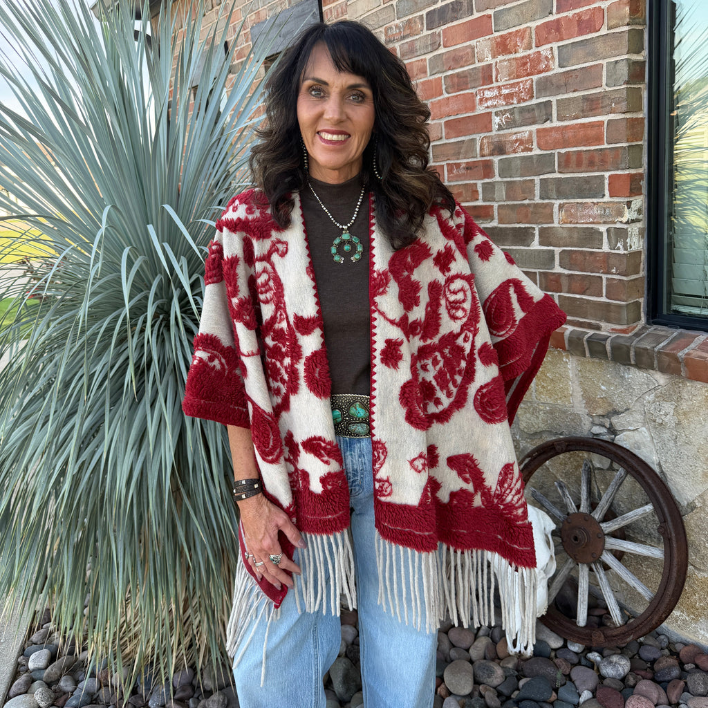 Red Western Textured Paisley Fringe Ruana Cardigan