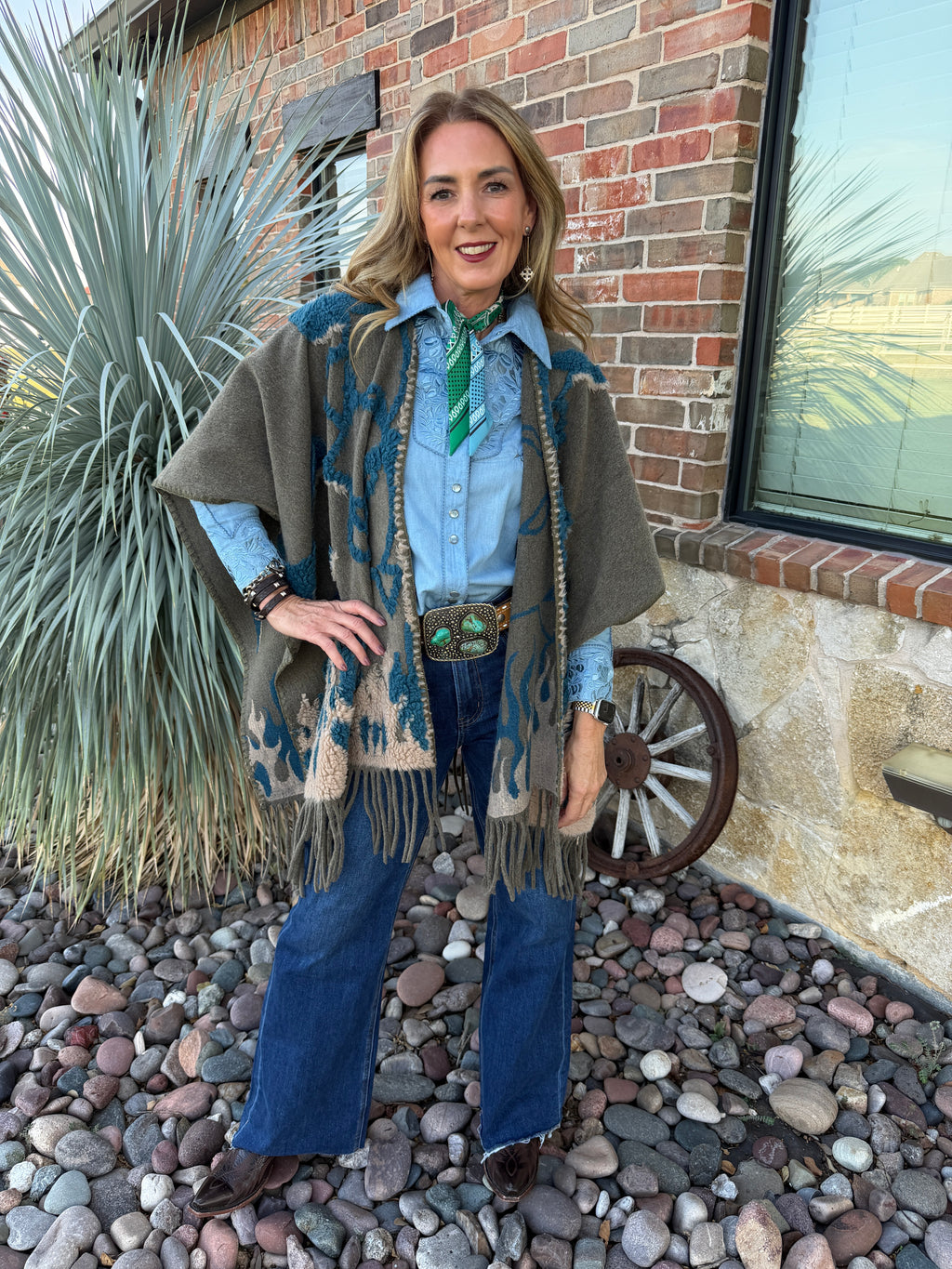 Olive Teal Abstract Fringe Ruana Cardigan