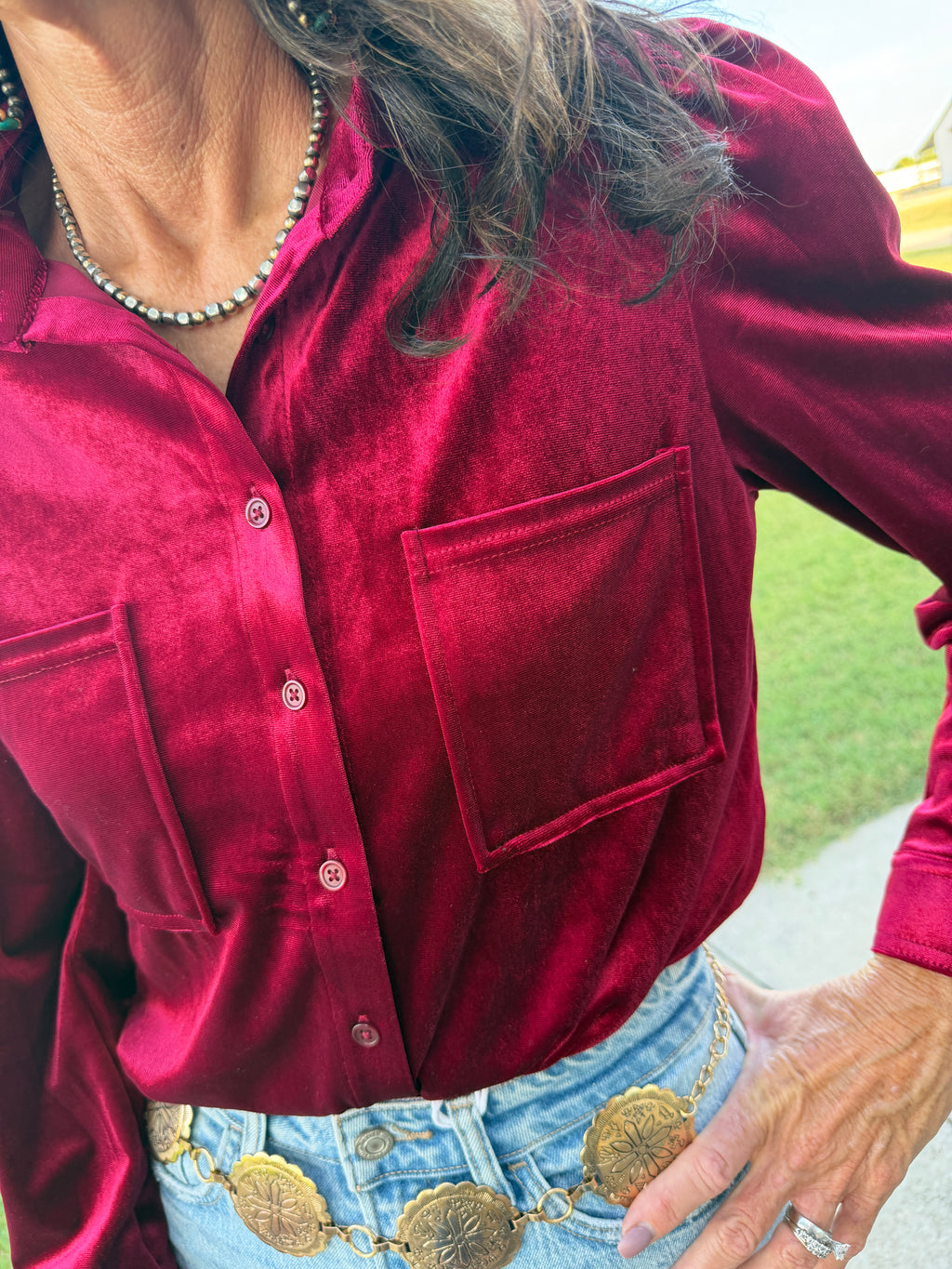 Burgundy Velvet Button Up