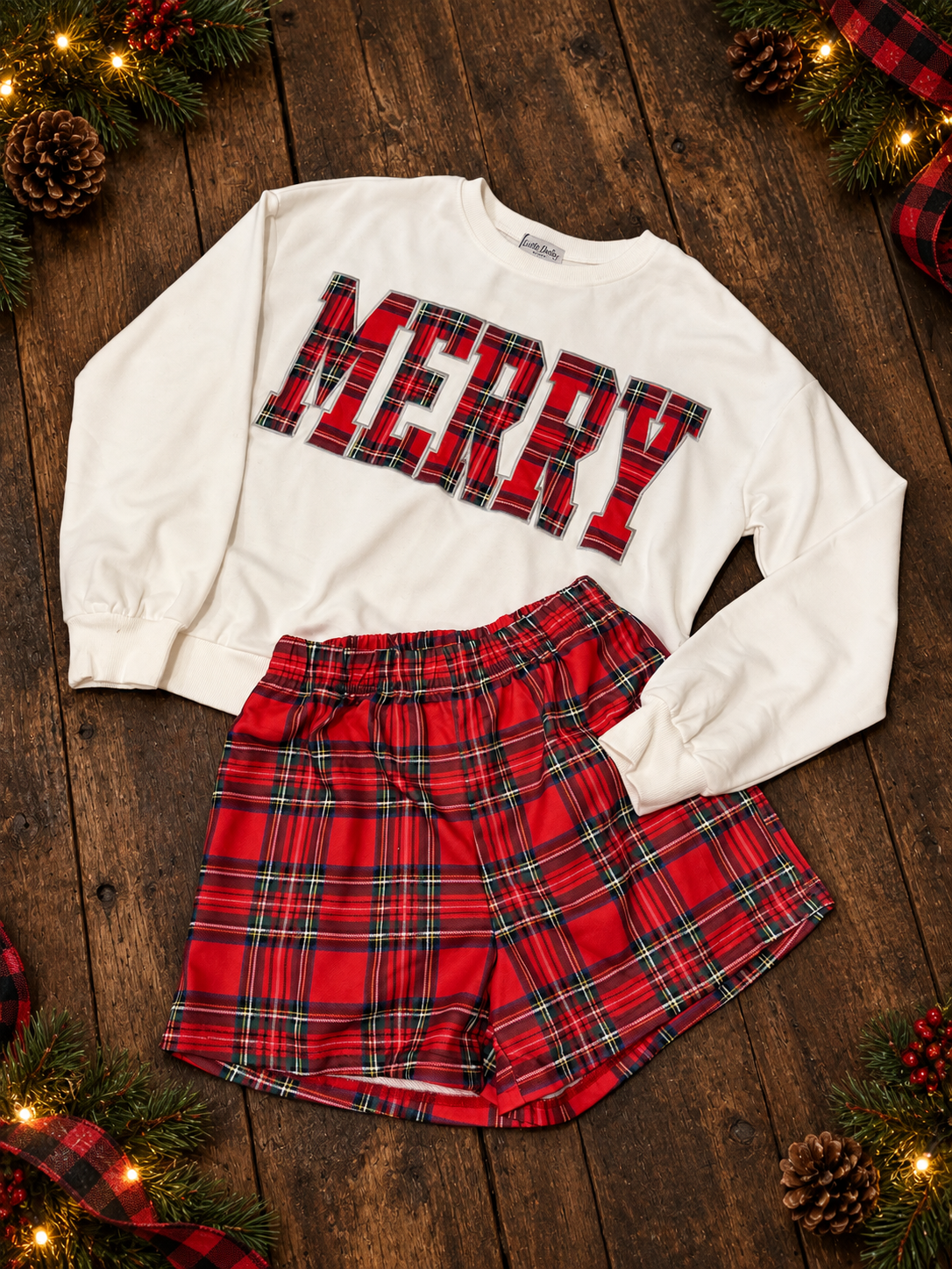 Merry Embroidered Plaid Christmas Top and Shorts Set