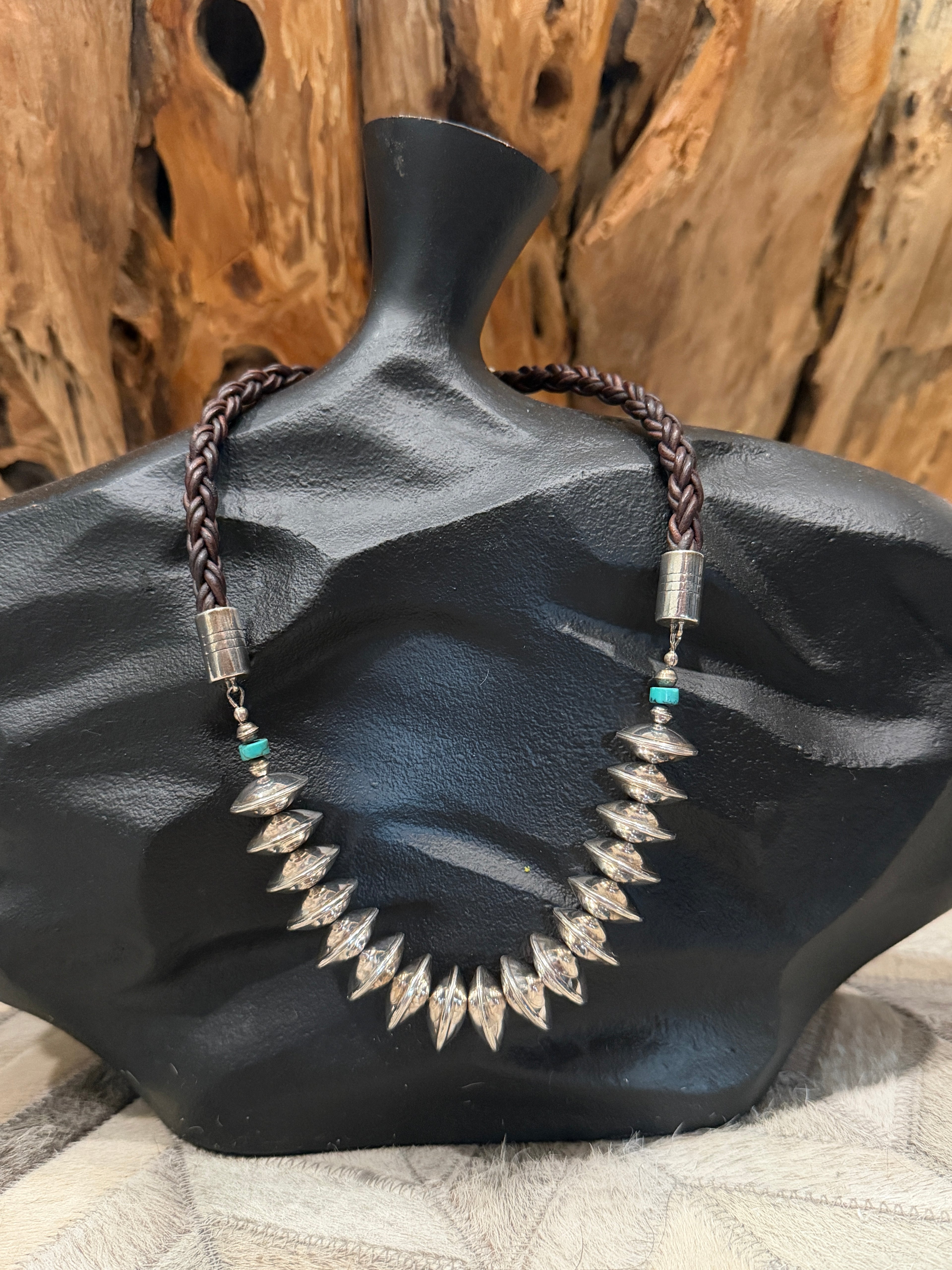 Sterling Silver Saucer Necklace with Leather chain