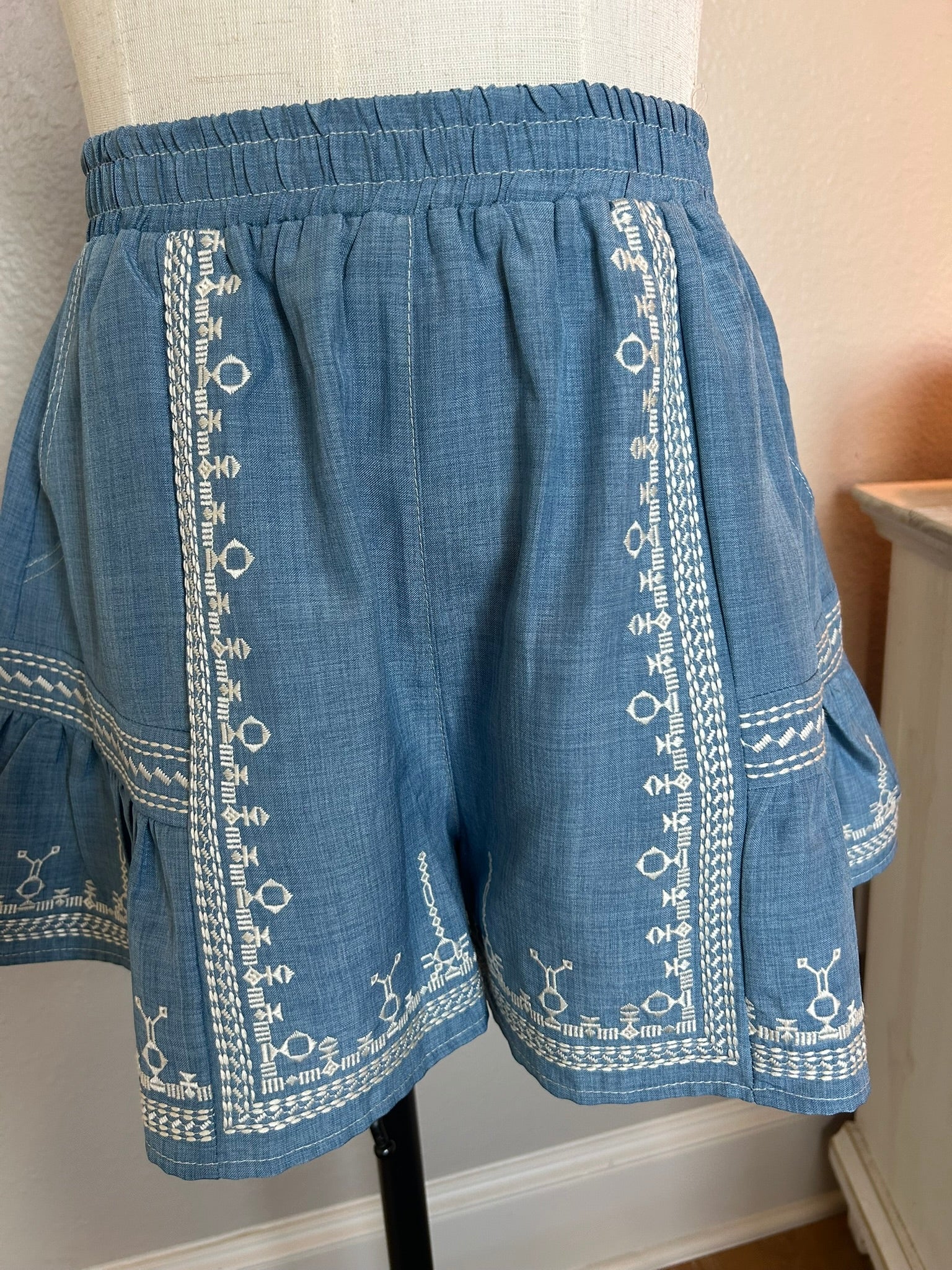 Chambray Embroidered Shorts