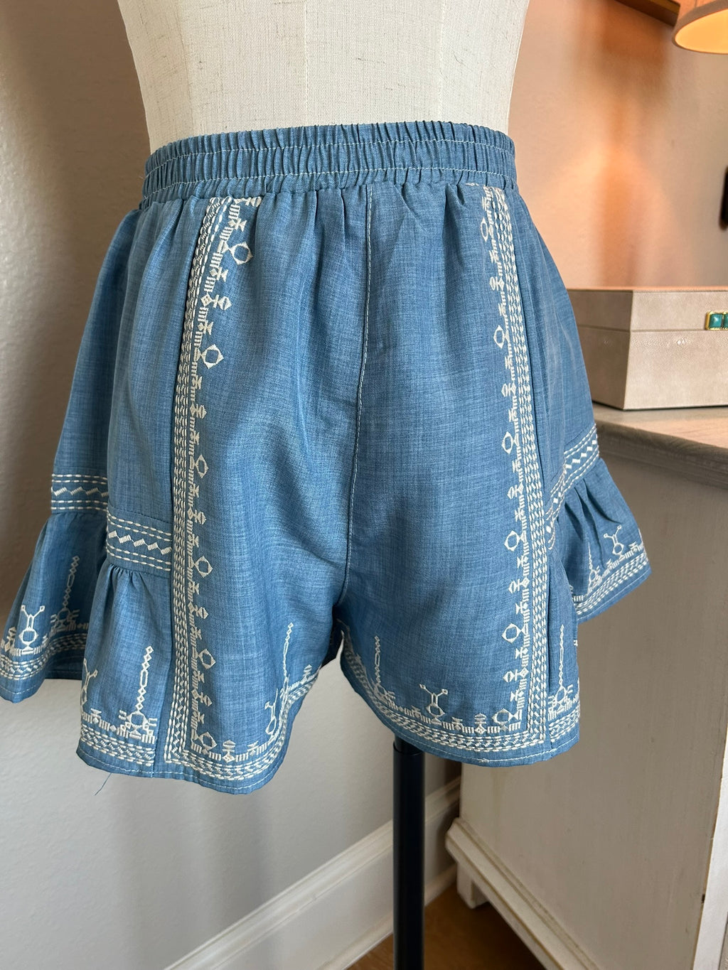 Chambray Embroidered Shorts