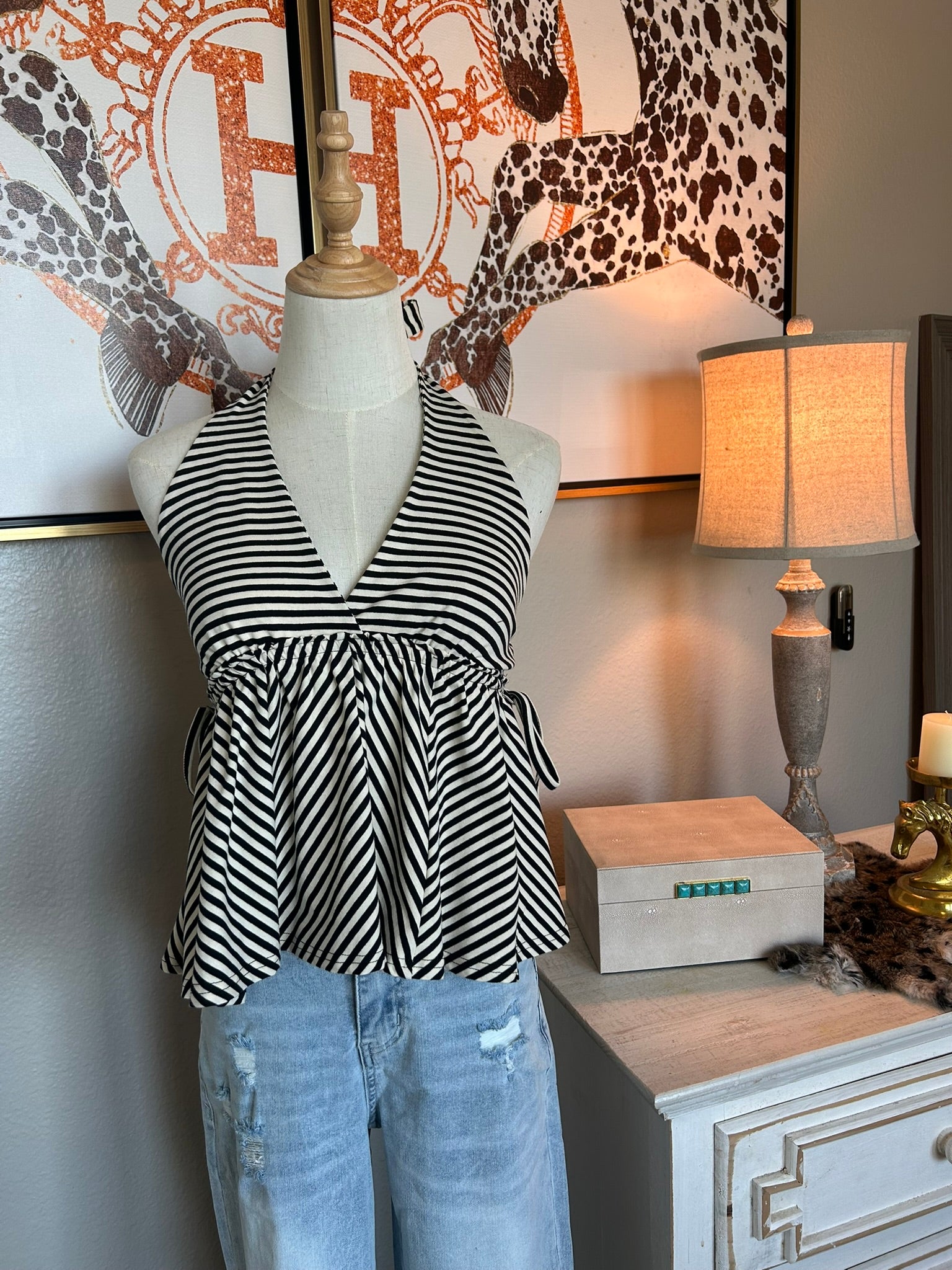 Black & Ivory Striped Halter Top