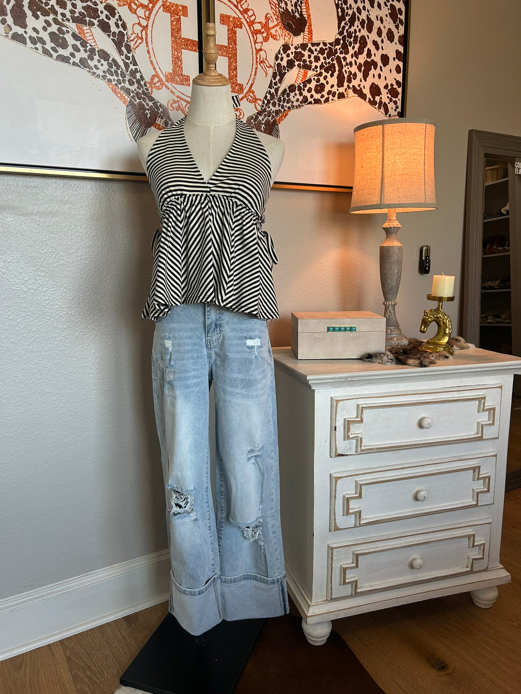 Black & Ivory Striped Halter Top