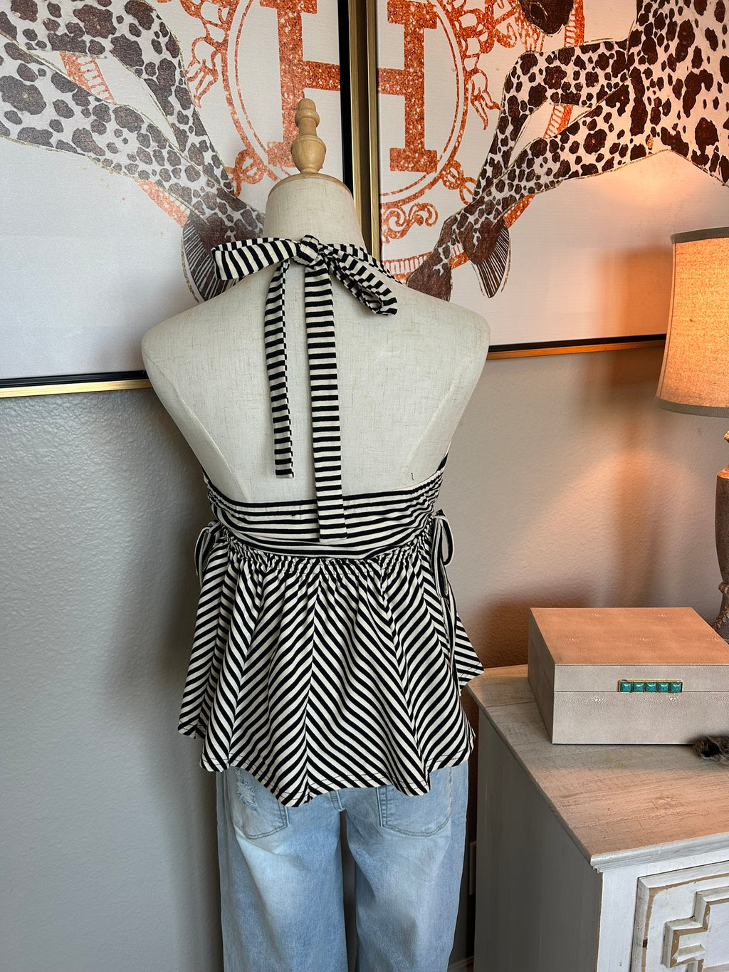 Black & Ivory Striped Halter Top