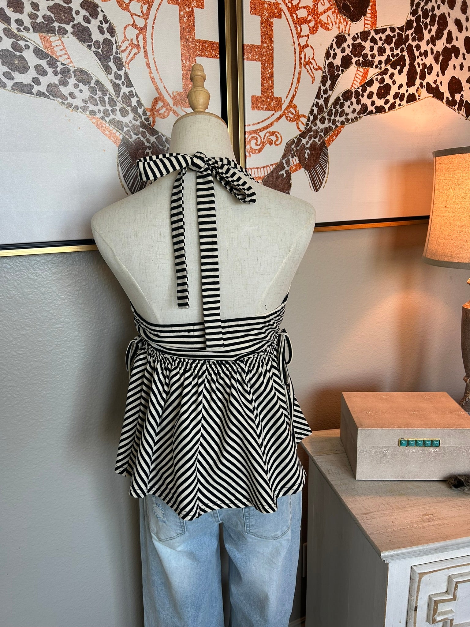 Black & Ivory Striped Halter Top