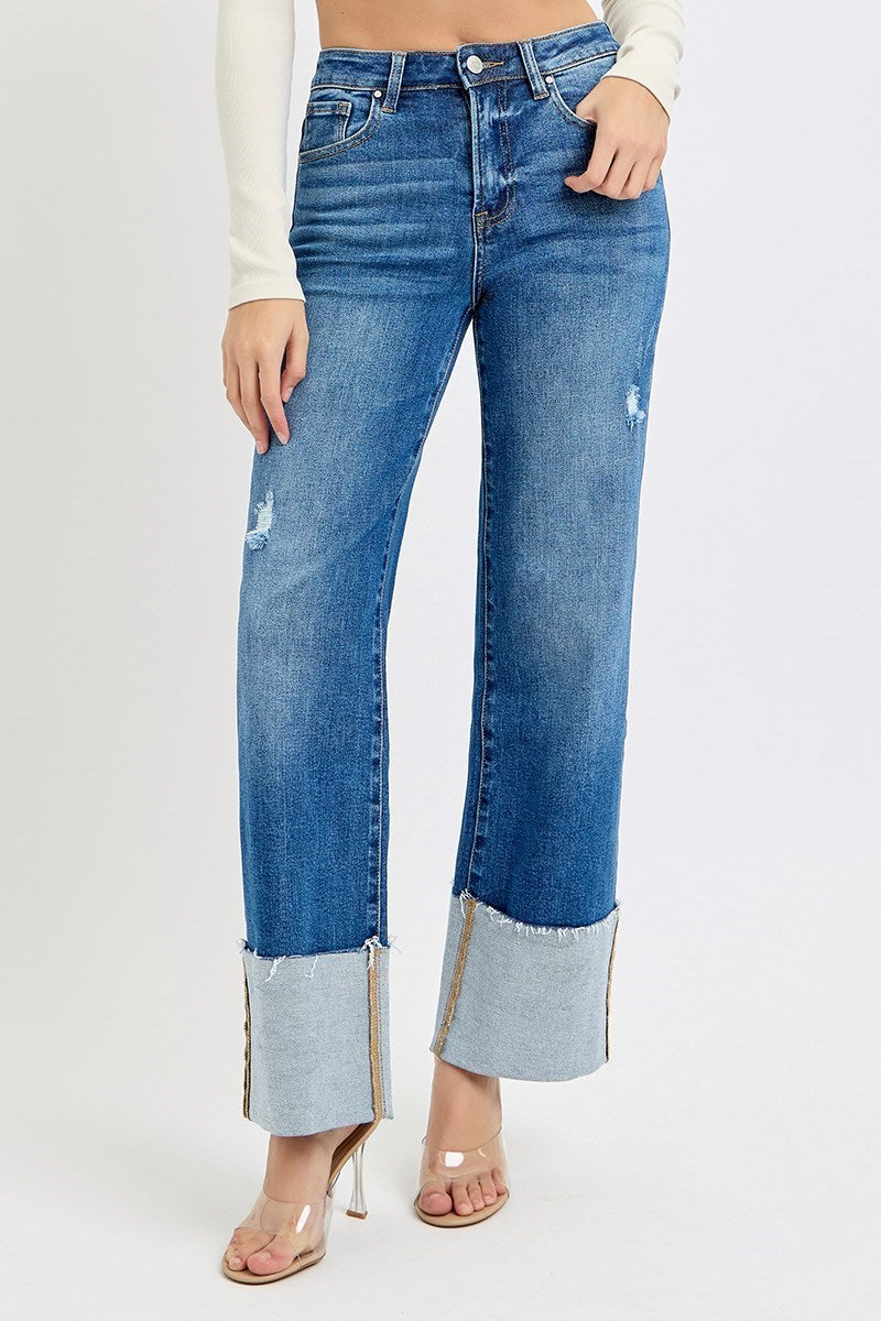 HIGH RISE ANKLE WIDE CUFFED JEANS