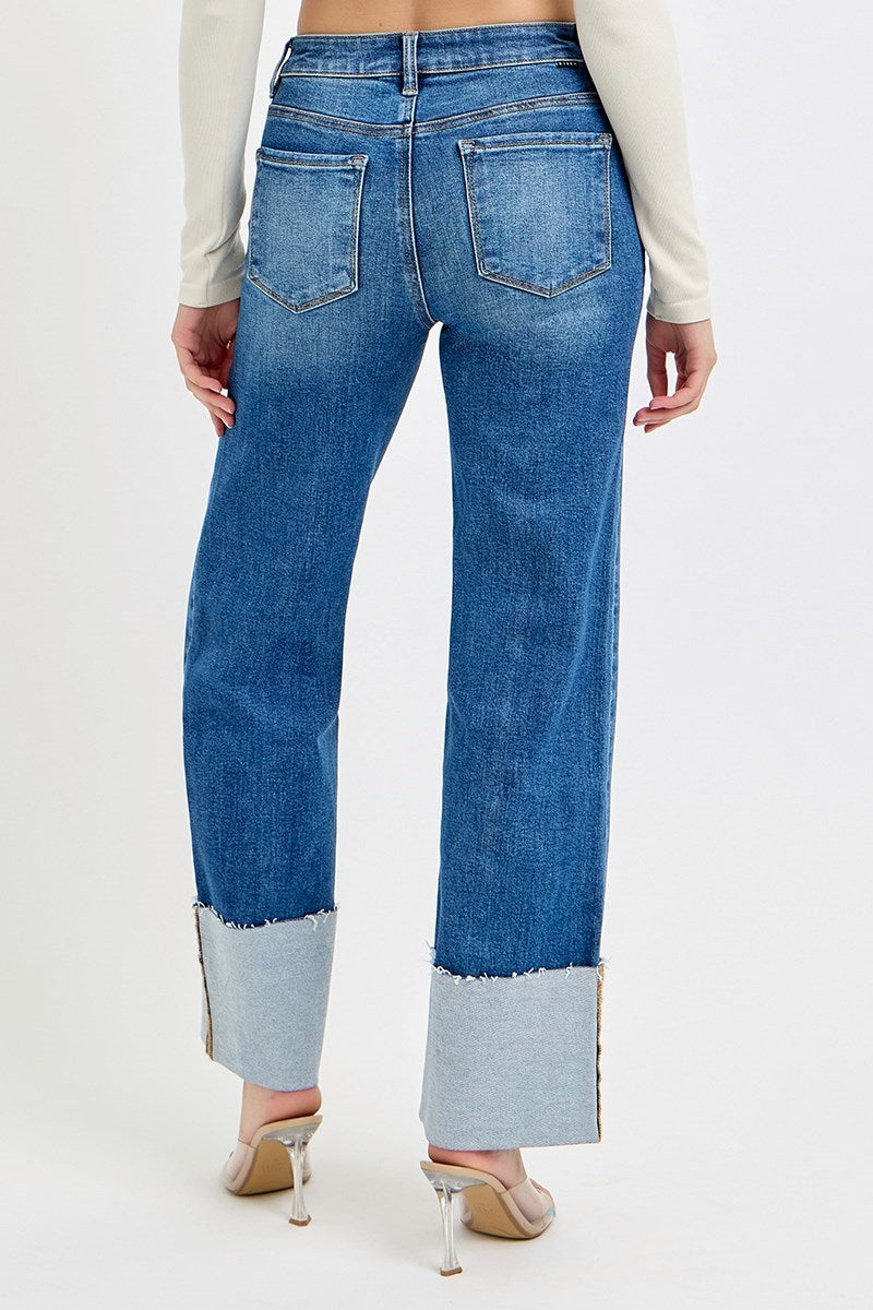 HIGH RISE ANKLE WIDE CUFFED JEANS